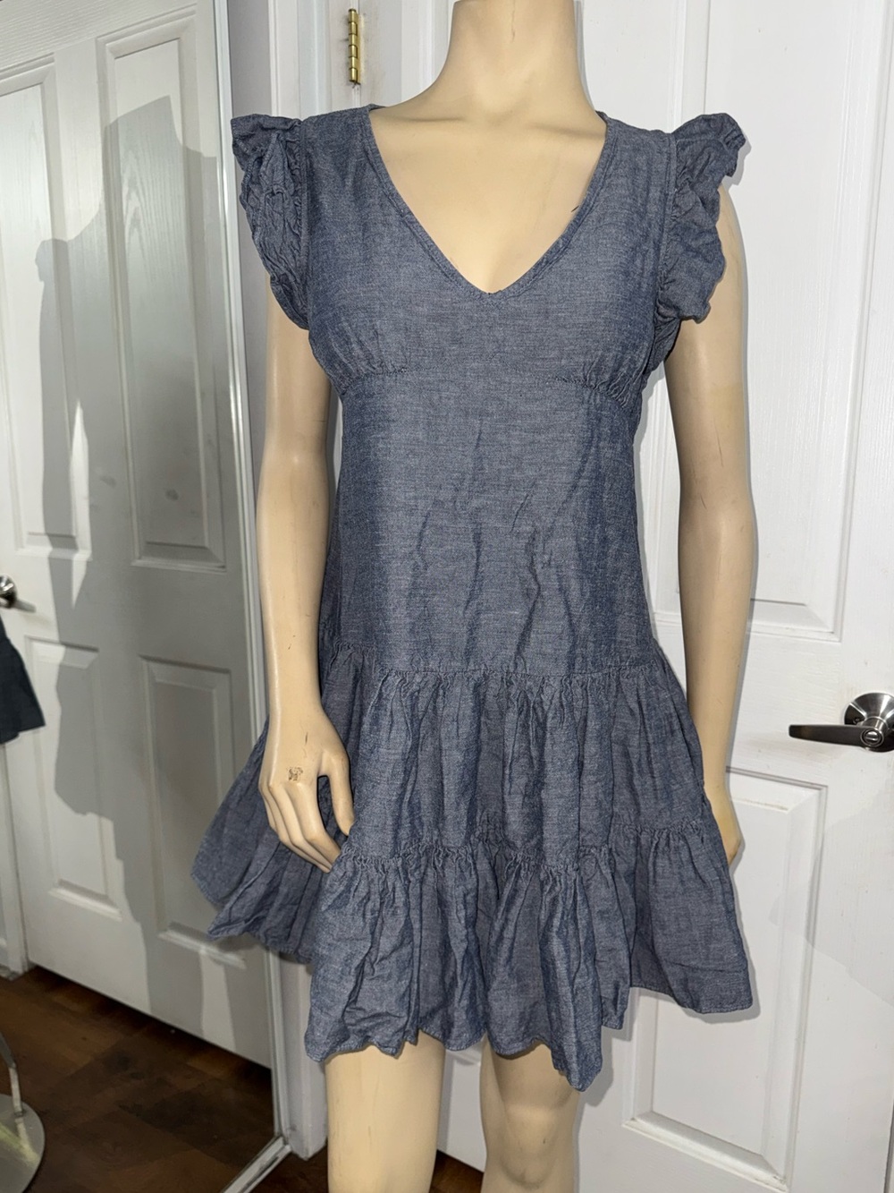 Jill Stuart Chambray Ruffle Tiered V-Neck Mini Dress - Denim Blue